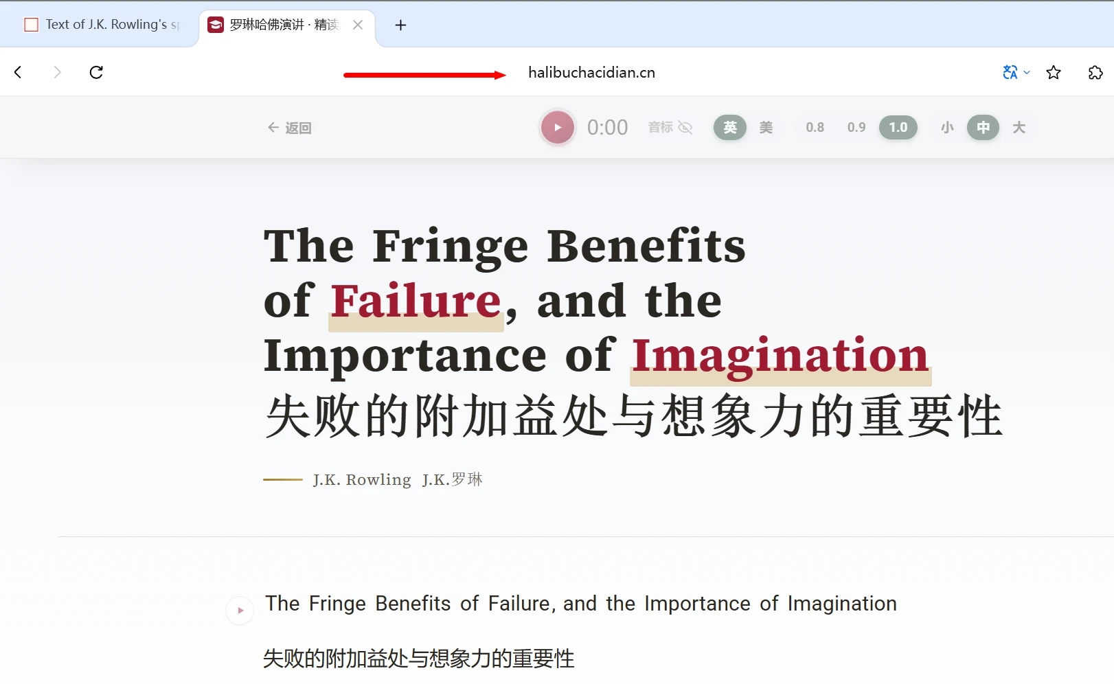 豆包 AI 浏览器打开 halibuchacidian.cn，红箭头指向地址栏